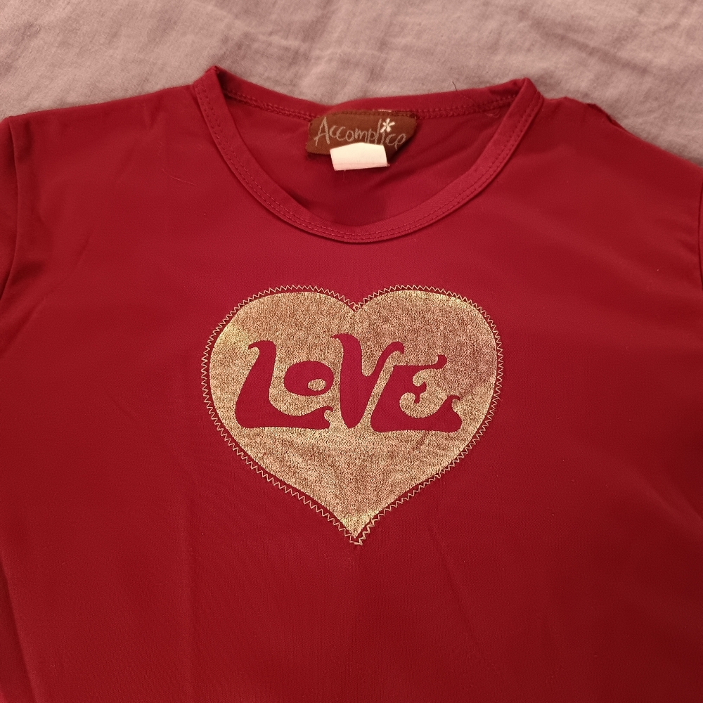 Indie Sleaze Long Sleeve Cropped Top LOVE Heart Burgundy Silver 90s Grunge Y2K - Picture 3 of 13
